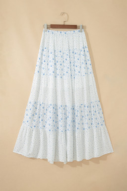 Sky Blue High Waist Tiny Floral Print Boho Maxi Skirt