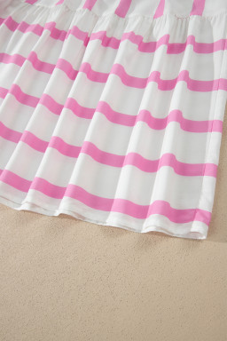Pink Stripe Ricrac Trim Notched Neck Half Sleeve Vacation Dress
