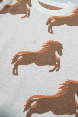 White Western Horse Printed Short Puff Sleeve Sweater