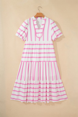 Pink Stripe Ricrac Trim Notched Neck Half Sleeve Vacation Dress