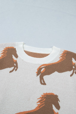 White Western Horse Printed Short Puff Sleeve Sweater