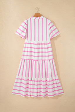 Pink Stripe Ricrac Trim Notched Neck Half Sleeve Vacation Dress