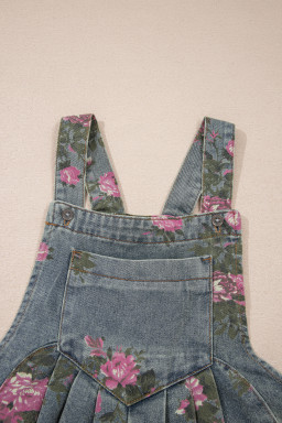 Gray Beau Floral Print Pleated High Waist Wide Leg Denim Jumpsuit
