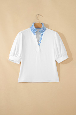 White Striped Frilled Collar Short Sleeve Blouse