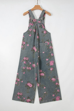 Gray Beau Floral Print Pleated High Waist Wide Leg Denim Jumpsuit