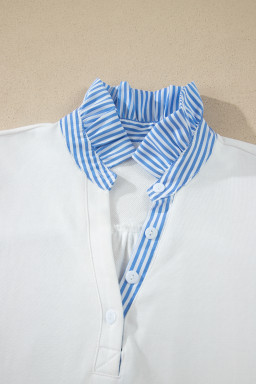 White Striped Frilled Collar Short Sleeve Blouse