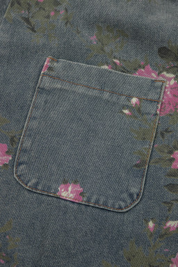 Gray Beau Floral Print Pleated High Waist Wide Leg Denim Jumpsuit