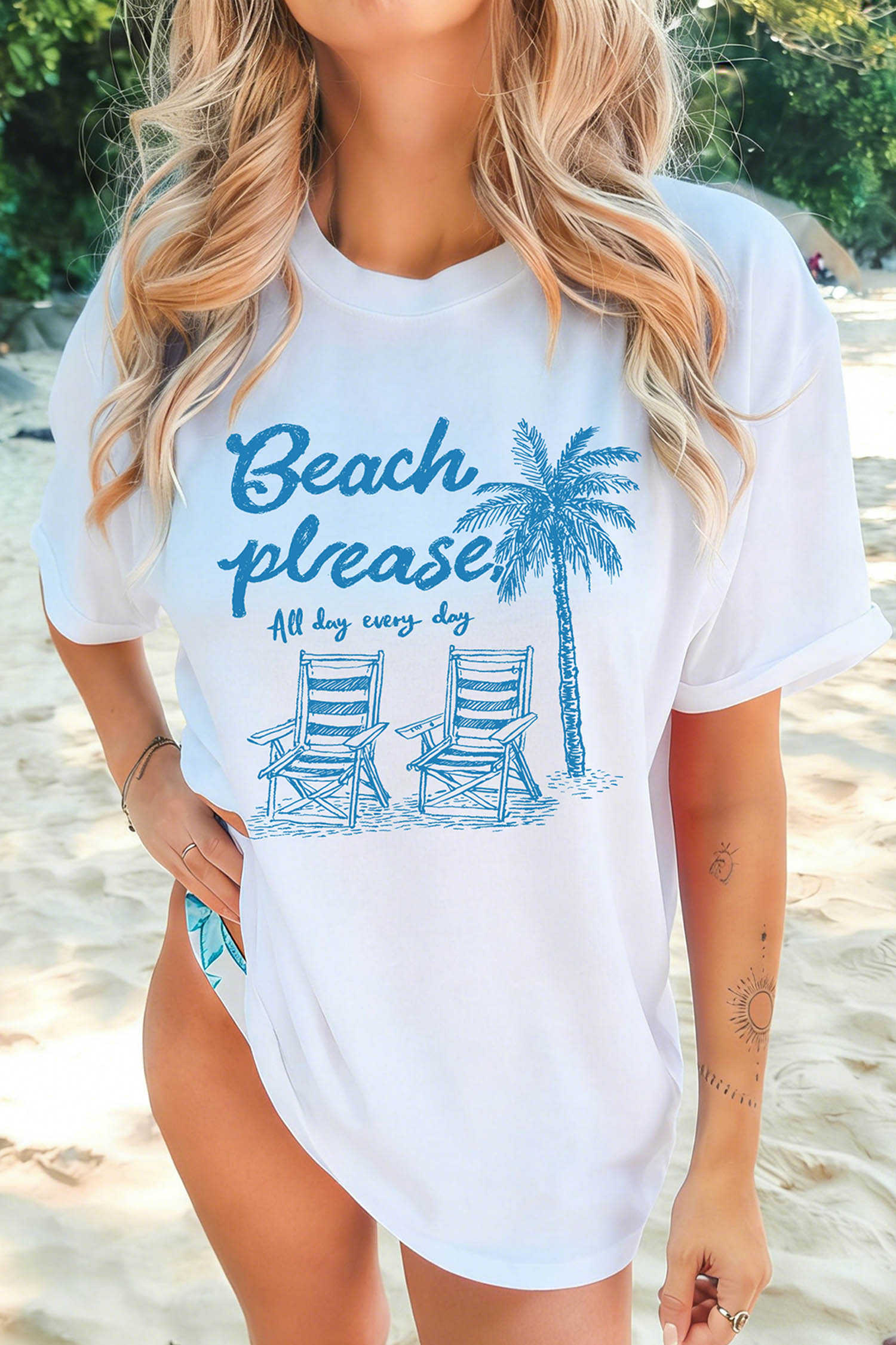White Beach Vacation Theme Printed Loose Tee