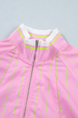 Pink Stripe Striped V-Neck Half Sleeve Zipper Ribbed Cuff Casual Shift Blouse