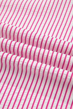 Red Stripe Frilled Detail Half Buttons Short Sleeve Long Dress