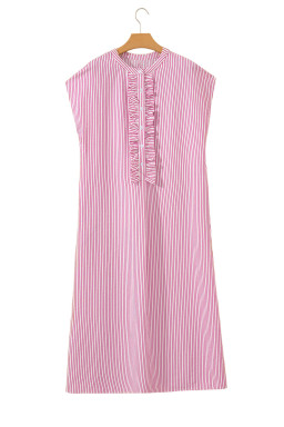 Red Stripe Frilled Detail Half Buttons Short Sleeve Long Dress