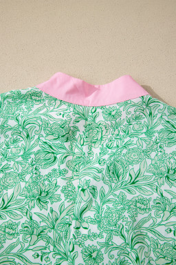 Green Floral Print Color Block Patchwork V Neck Short Sleeve Midi Dress