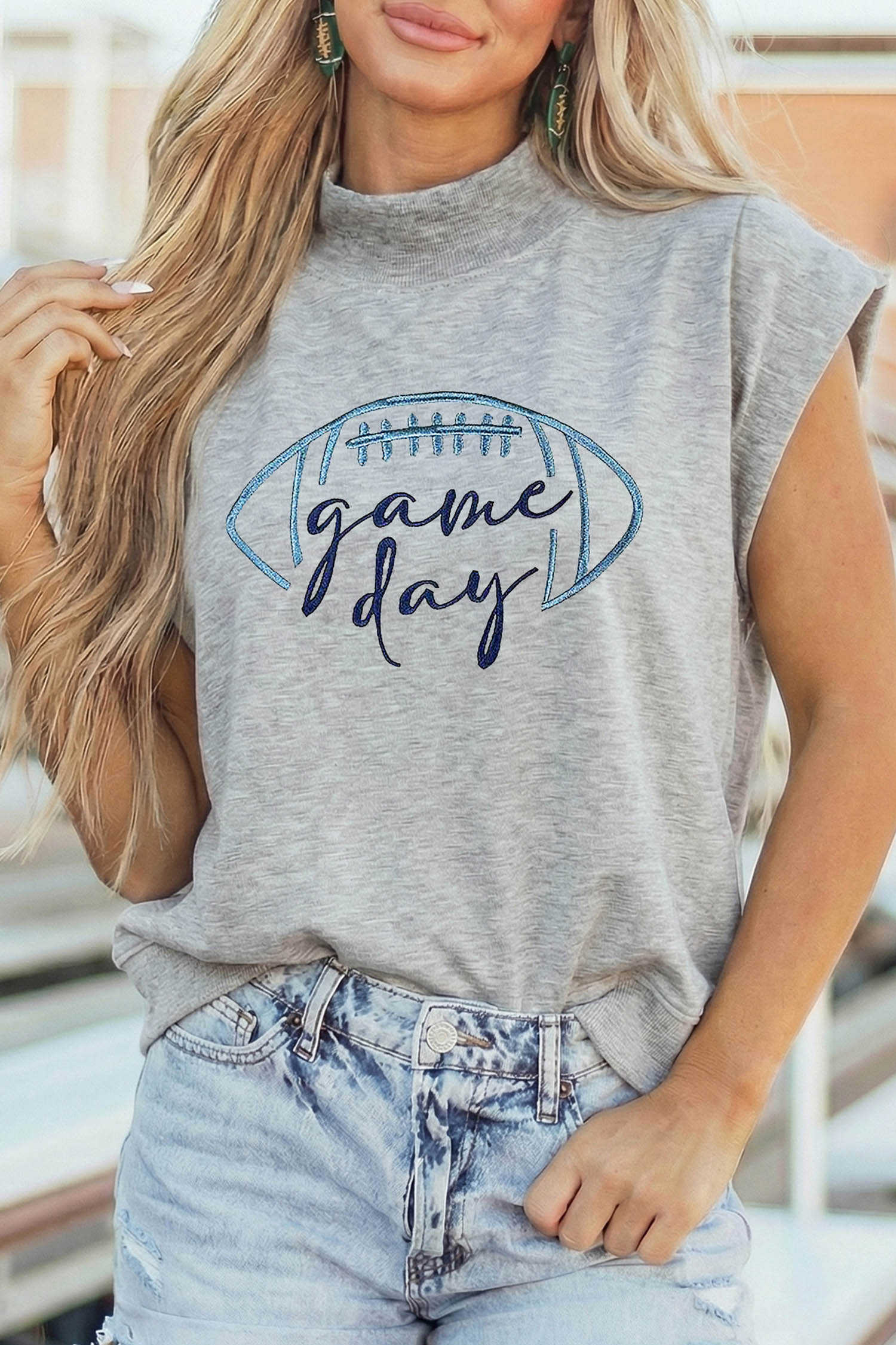 Light Grey Embroidered Game Day Football High Neck Short Sleeve Top