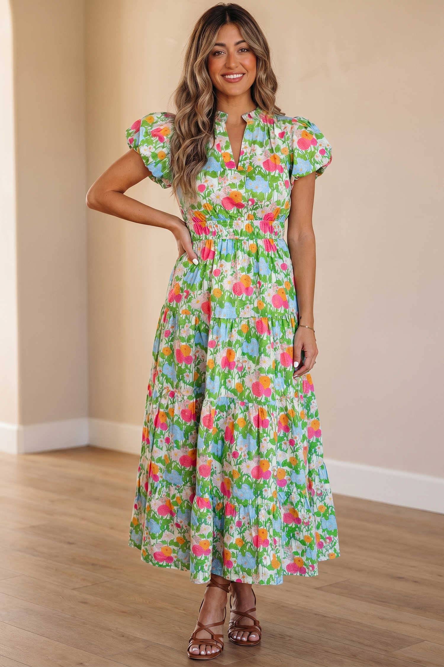 Green Floral Print V Neck Short Puff Sleeve Cotton Maxi Dress