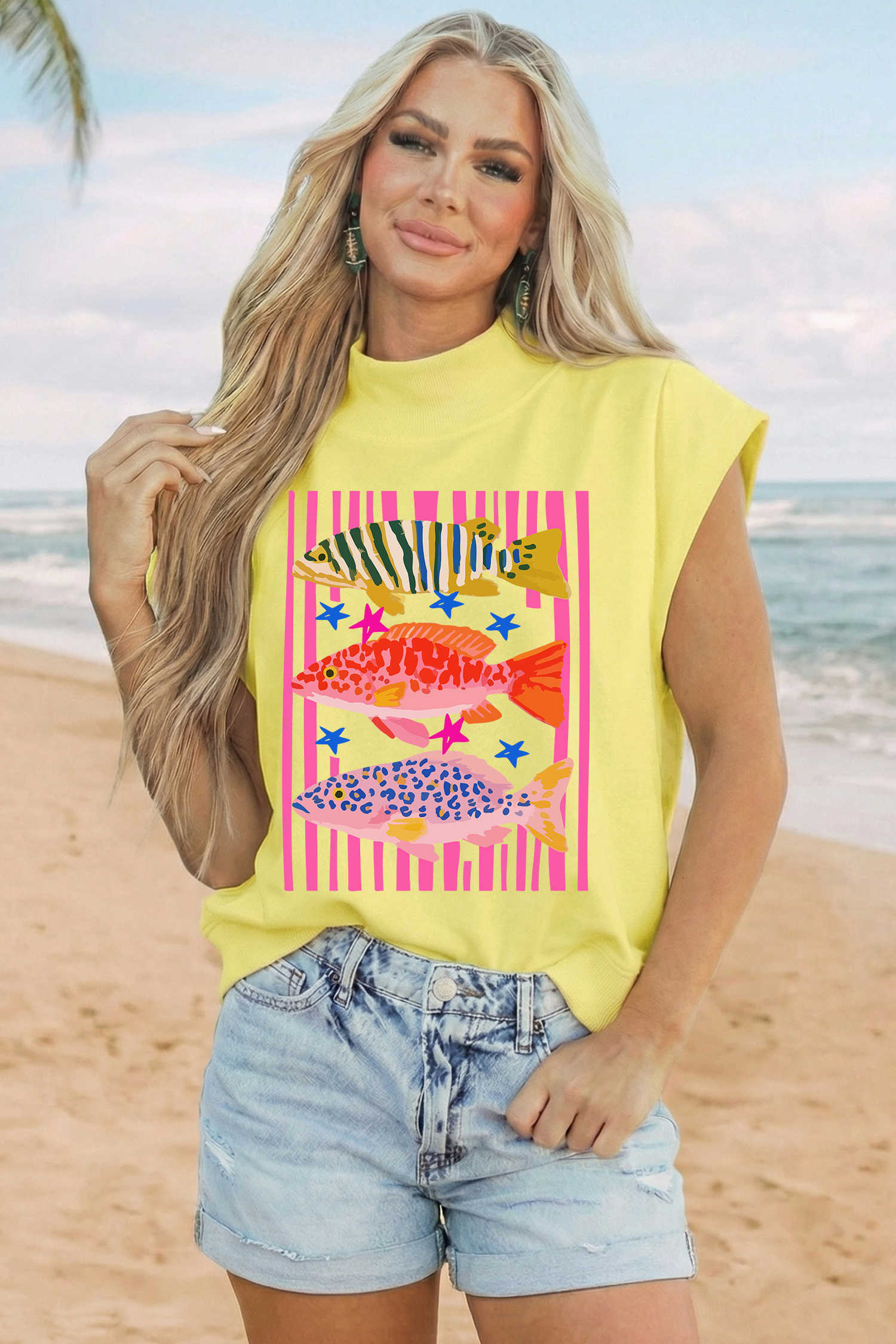 Yellow Vibrant Fishes Striped Pattern High Neck Short Sleeve Top