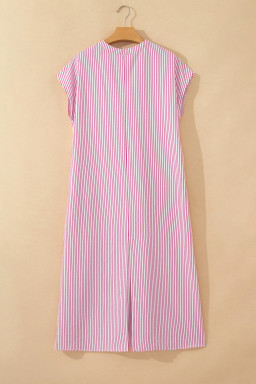 Red Stripe Frilled Detail Half Buttons Short Sleeve Long Dress