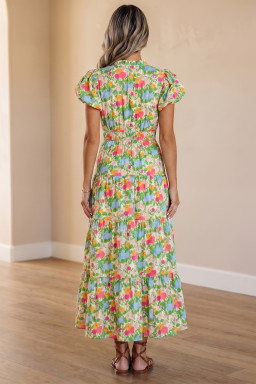 Green Floral Print V Neck Short Puff Sleeve Cotton Maxi Dress