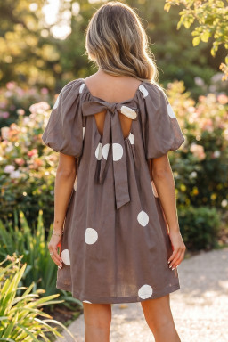 Brown Polka Dot Print Knot Back Short Puff Sleeve Loose Mini Dress
