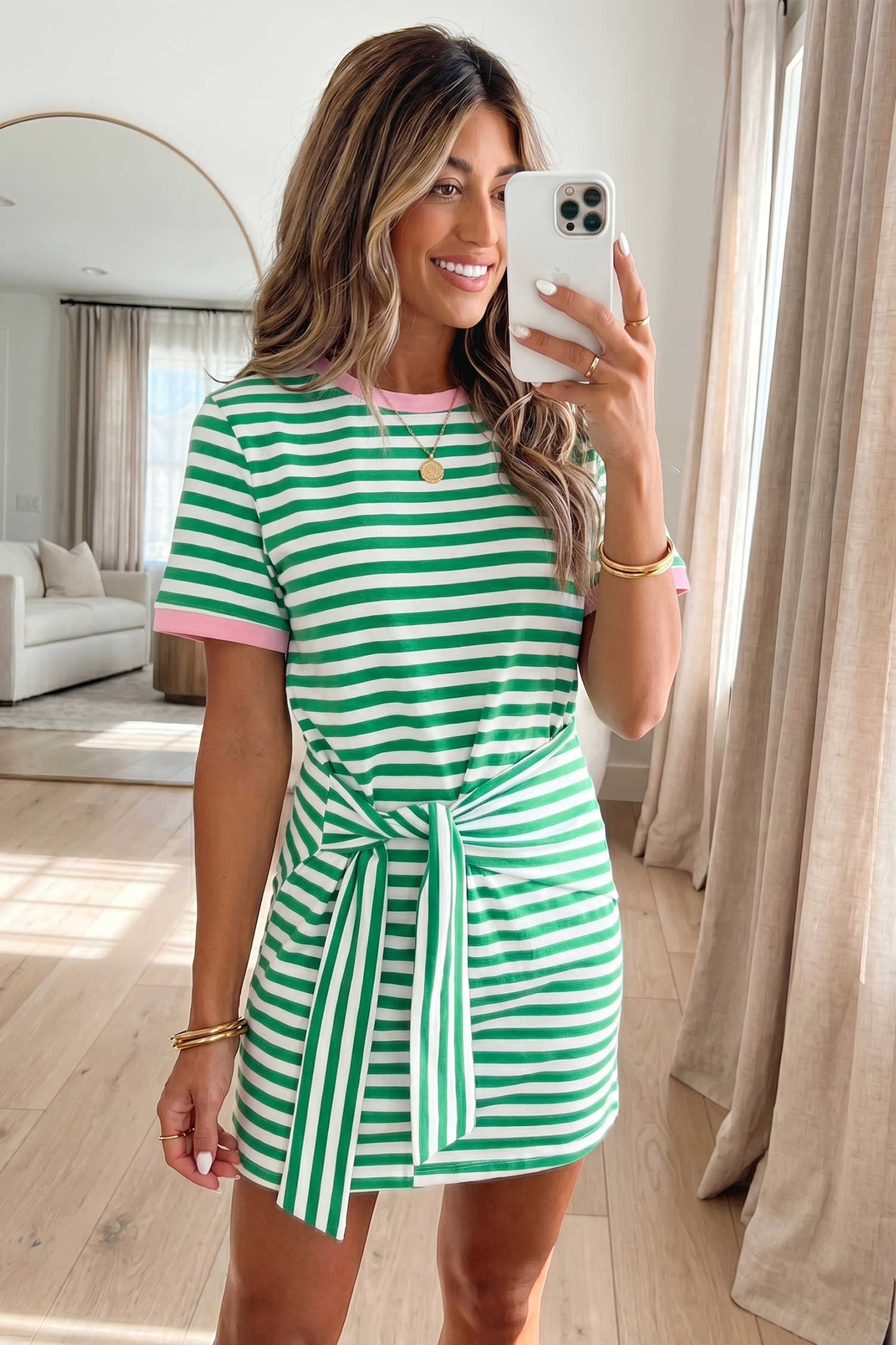 Green Stripe Nautical Tie Contrast Trim Round Neck T Shirt Mini Dress