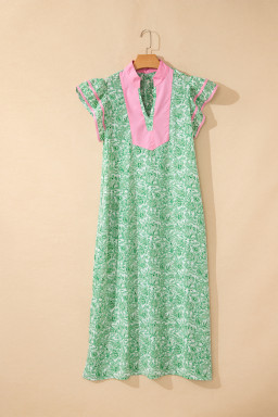 Green Floral Print Color Block Patchwork V Neck Short Sleeve Midi Dress