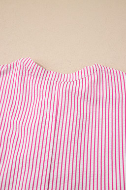 Red Stripe Frilled Detail Half Buttons Short Sleeve Long Dress