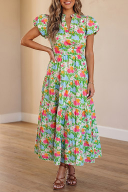 Green Floral Print V Neck Short Puff Sleeve Cotton Maxi Dress