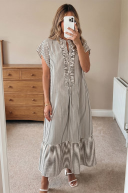 Black Stripe Frilled Detail Half Buttons Short Sleeve Long Dress