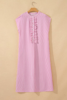 Red Stripe Frilled Detail Half Buttons Short Sleeve Long Dress