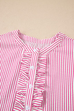 Red Stripe Frilled Detail Half Buttons Short Sleeve Long Dress