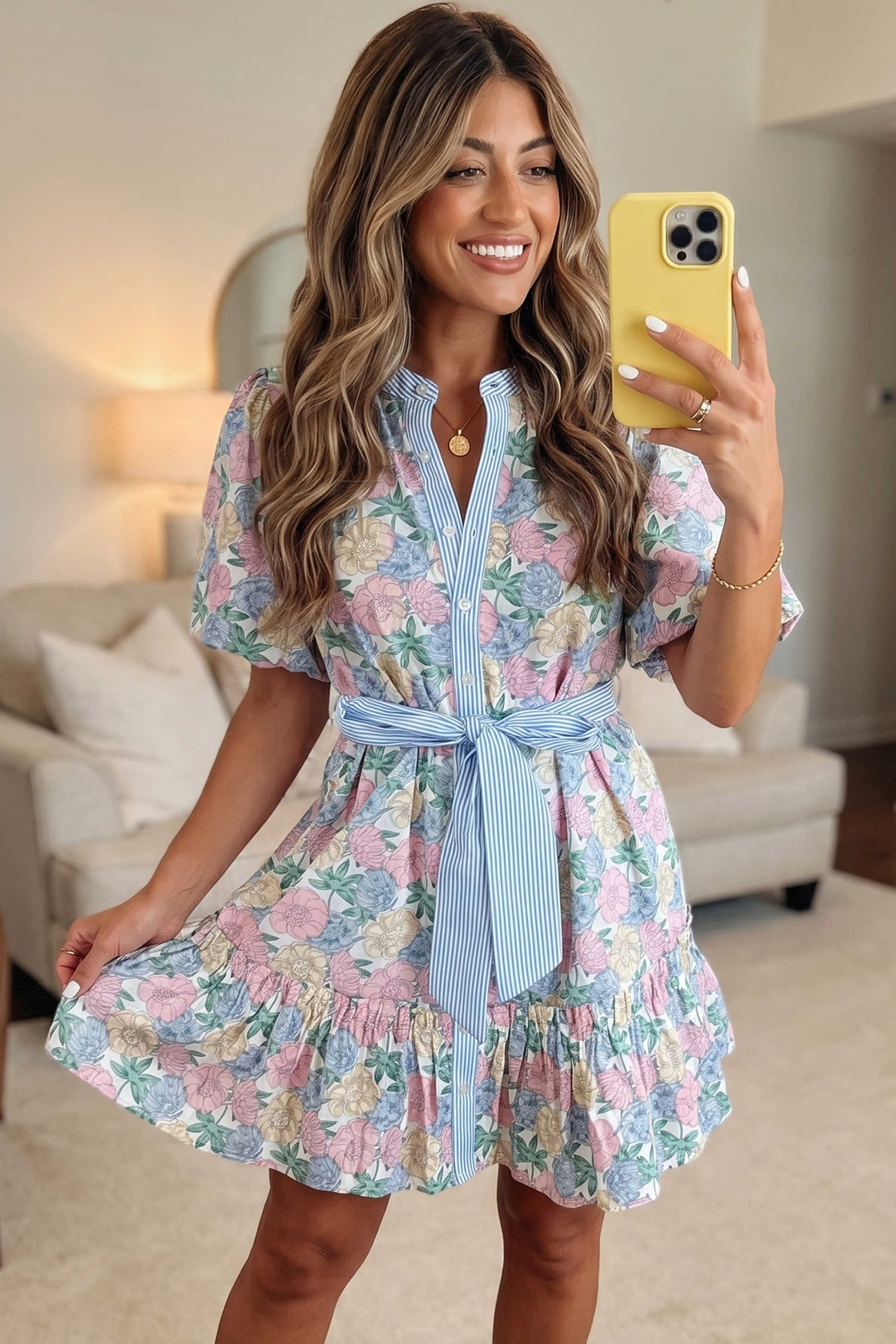 White Floral Print Striped Contrast Trim Belted Short Dress