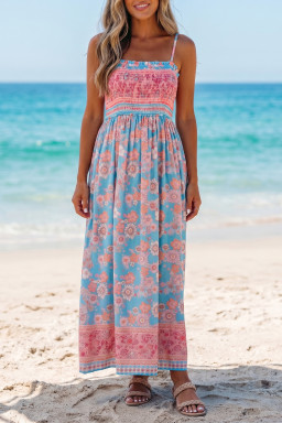 Sky Blue Bohemian Ethnic Print Spaghetti Straps Vacation Maxi Dress