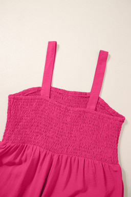 Rose Red Smocked Square Neck Sleeveless Jumpsuit with Pockets