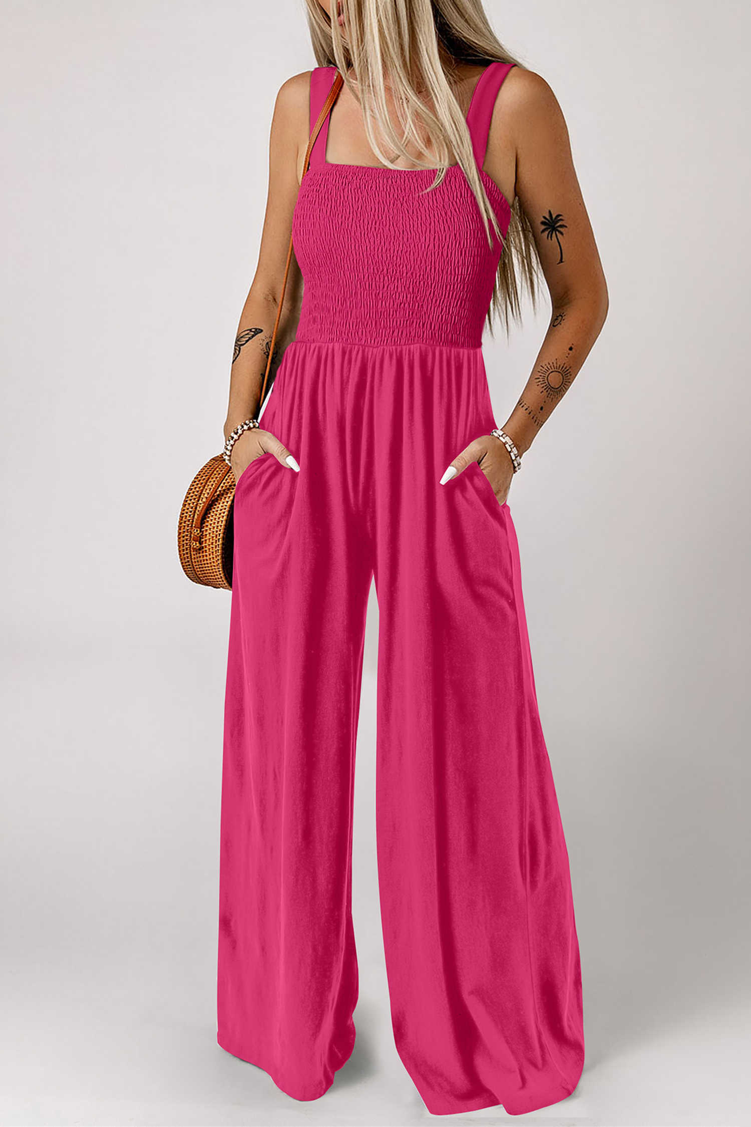 Rose Red Smocked Square Neck Sleeveless Jumpsuit with Pockets