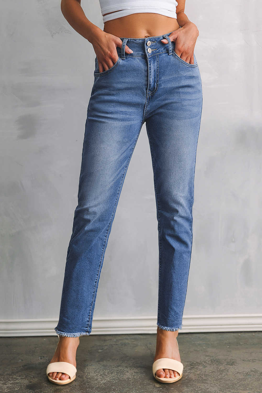 Sky Blue Double Button Raw Hem Slim Fit Jeans