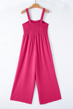 Rose Red Smocked Square Neck Sleeveless Jumpsuit with Pockets