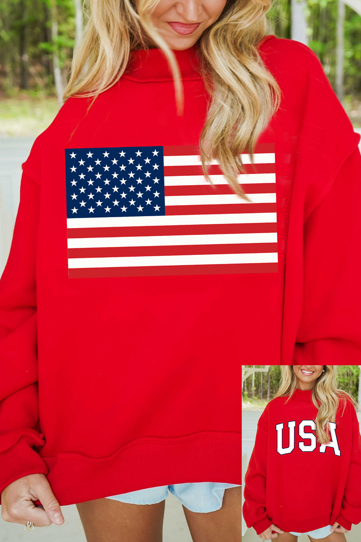 Racing Red American Flag/ USA Double Side Print Reversible Mock Neck Sweatshirt