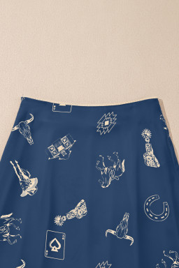 Navy Blue Western Print Satin Long Skirt