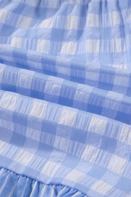 Sky Blue Gingham Print Ruffle Striped Detail Lace Tie Shorts