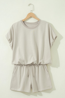 Smoke Gray Solid Color Puffy Loose Top Drawstring Shorts 2pcs Outfit