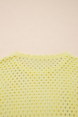 Yellow Cream Scalloped Trim Hollow Out Knit Long Sleeve Top