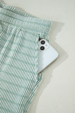 Green Stripe Raised Rib Loose Tee Drawstring Elastic Waist 2pcs Short Set