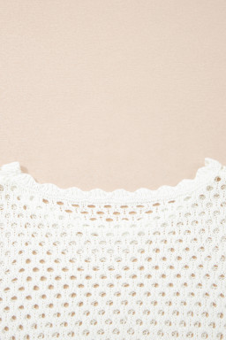 White Scalloped Trim Hollow Out Knit Long Sleeve Top