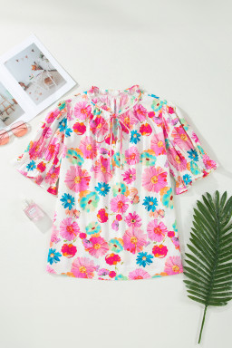 Pink Plus Size Floral Print Ruched Short Sleeve Blouse