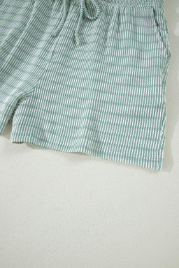 Green Stripe Raised Rib Loose Tee Drawstring Elastic Waist 2pcs Short Set
