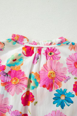 Pink Plus Size Floral Print Ruched Short Sleeve Blouse