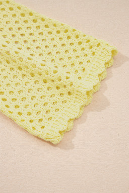 Yellow Cream Scalloped Trim Hollow Out Knit Long Sleeve Top