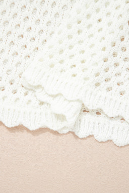 White Scalloped Trim Hollow Out Knit Long Sleeve Top