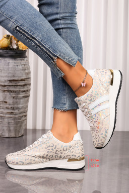 White Leopard Print Lace-Up Low-Top Sneakers with Rubber Sole