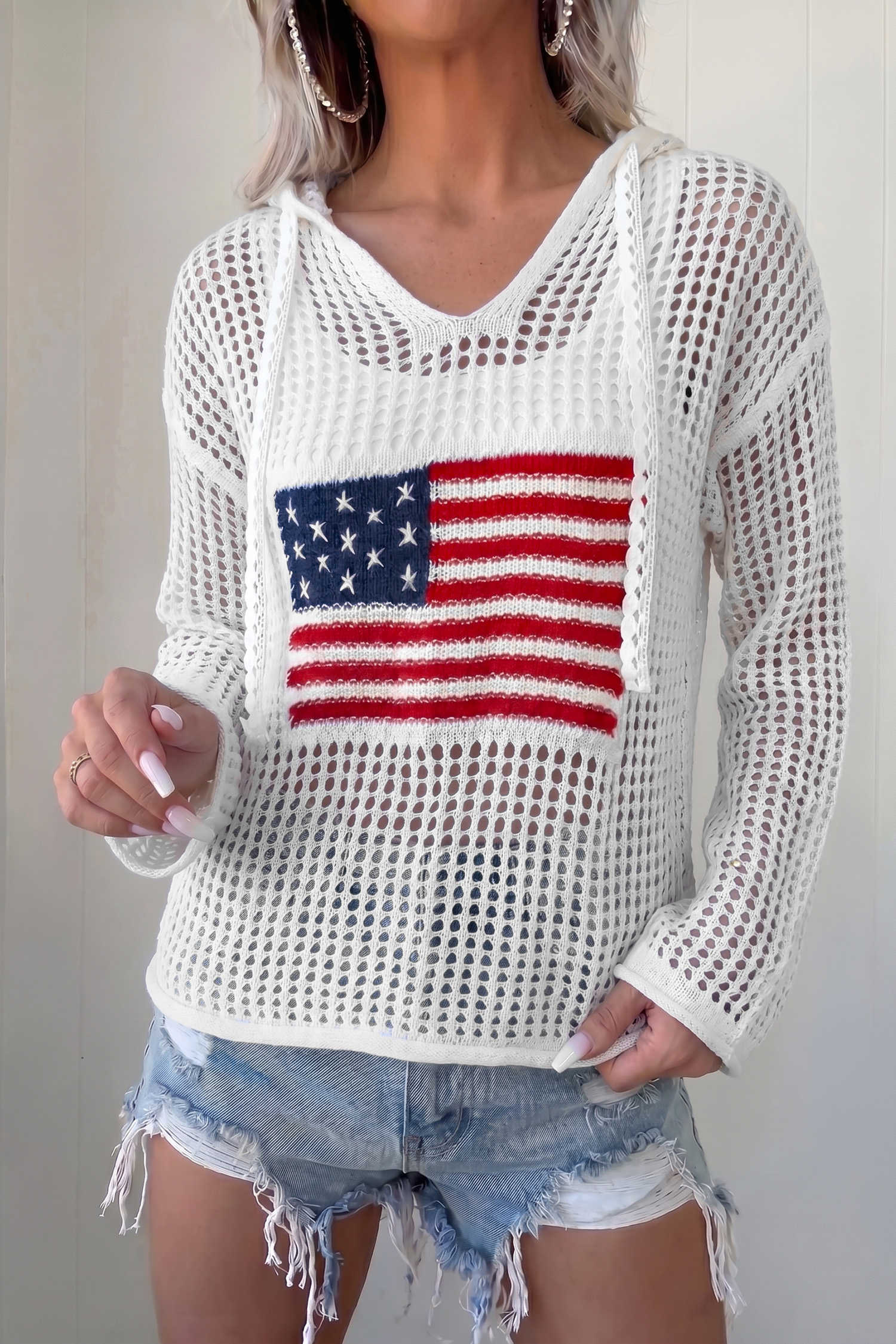 White Hollow Out Crochet Knit American Flag Patched Sweater Hoodie