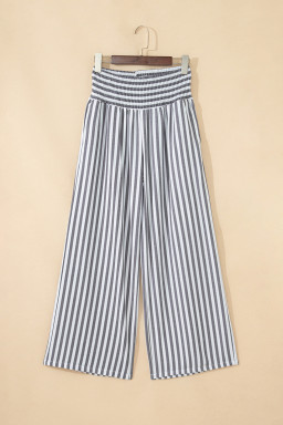 Black Stripe Shirred High Waist Loose Summer Pants